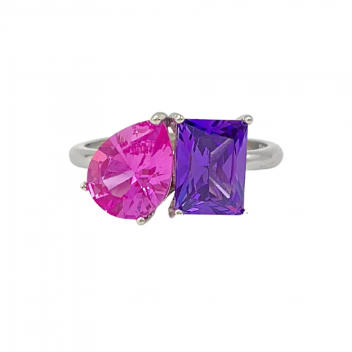 Anello argento zirconi incassati a griffe uno a goccia fucsia e uno viola a baguette